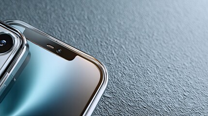 Modern smartphone with clear protective case displaying a vibrant, colorful screen, angled upward for a detailed close-up on a blurred background