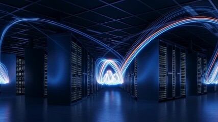 Wall Mural - Data center interior with blue and orange light streams representing network infrastructure and data flow.