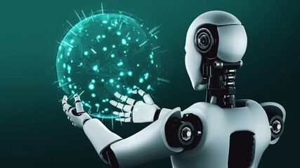 Wall Mural - ai hominoid robot holding hologram screen shows concept of global communication network using artifi