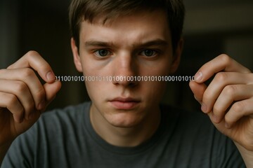 young programmer showing binary code sequence with fingers, concept of coding and software developme