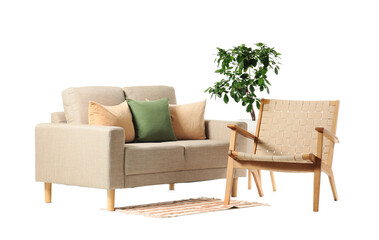 Wall Mural - Modern beige sofa, armchair and houseplant isolated on white background
