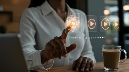 Artificial Intelligence concept: Professional Black woman interacts with glowing holographic AI chip, managing digital media in a modern future tech office.