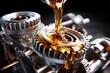 © MMerellinn - Viscous golden engine oil flows onto spinning metal motor gears. This lubricating fluid maintains smooth powerful machine operation for industrial mechanical systems.