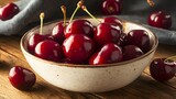 Fresh Red Cherries in Bowl Summer Fruit Still Life