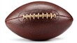© ELVY - A classic brown leather American football, meticulously stitched, is presented against a stark white backdrop.  Its rich texture and prolate spheroid shape are prominently displayed