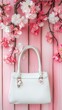 © DesignDepot - White Handbag and Pink Flowers on Pastel Wooden Backround