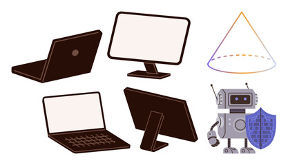 Laptop, monitor, AI robot with shield symbolizing cybersecurity, data safety, and innovation. Ideal for technology, AI, cybersecurity, digital transformation education STEM creative thinking