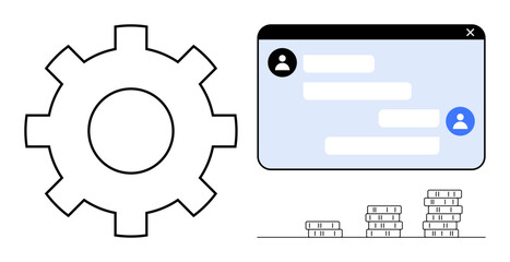 Gear for process optimization, chatbox suggesting communication, and stacked coins illustrating financial growth. Ideal for technology, finance, communication, teamwork, process management
