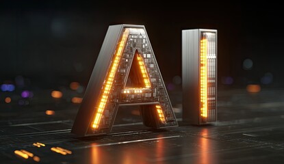 Illuminated AI letters on circuit board; futuristic tech background; digital innovation concept