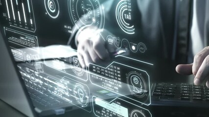 Sticker - glowing futuristic interface in front of businessman working on laptop