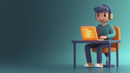 A cartoon programmer codes on a laptop while wearing headphones, working from an office.