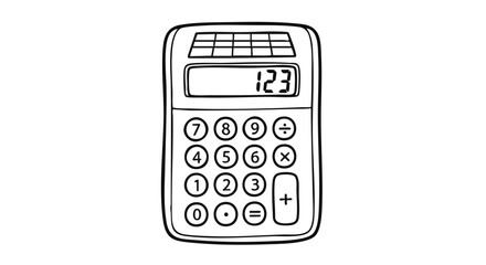 Illustration of a calculator displaying the number 123, with solar panel and standard number and function keys.