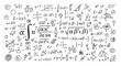 © agungwi - A collage of handwritten mathematical equations, symbols, and geometric diagrams on a white background, representing complex calculations and abstract concepts.