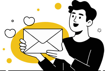 Wall Mural - Man holding an envelope with hearts and yellow circles in a black and white illustration style