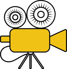Wall Mural - A yellow vintage movie camera with black outline and details on a white isolated background image
