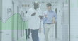 © vectorfusionart - Walking two doctors in lab coat and tie along hospital corridor, reviewing tablet data overlays