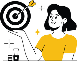 Wall Mural - Woman holding target with arrow and drink glasses in flat vector illustration on white background