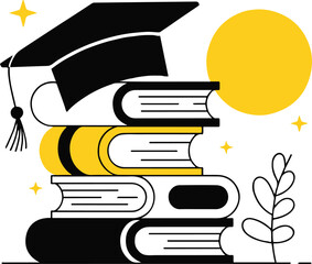 Wall Mural - A graduation cap resting on a stack of books with a yellow sun and stars in the background design