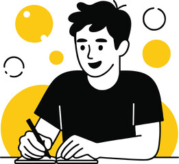 Wall Mural - A stylized illustration of a man writing in a notebook with yellow circles in the background art style