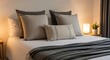 © Sabrina - Serene Bedroom Interior: A master bedroom bathed in soft, warm light, featuring a luxuriously made bed with fluffy pillows, a cozy throw, and inviting ambiance.
