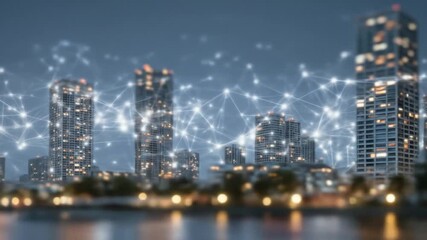Futuristic Cityscape Network Buildings Connected by Digital Lines with Evening View.