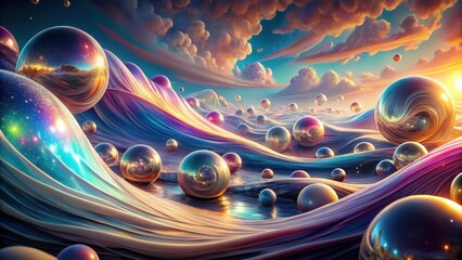 Wall Mural - A Dreamlike Seascape of Iridescent Spheres Rolling Across Flowing, Colorful Waves Under a Sunset Sky