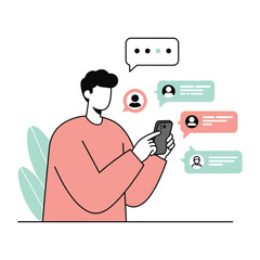 Man texting on phone with message bubbles, modern communication concept