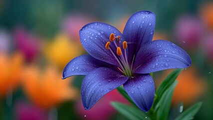 Wall Mural - a beautiful blue flower with a few drops of water on it. the flower is surrounded by other flowers, 