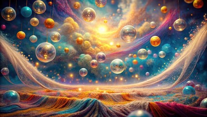 Wall Mural - Whimsical Orb Landscape  Floating spheres and ethereal fabrics create a dreamy, colorful scene, perfect for fantasy or magical themes.