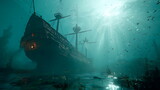 Very beautiful underwater view with an old ship that sank long ago 