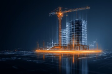 Digital blueprint of building construction site with glowing crane and skyscraper. Concept for urban planning, real estate visualization and architectural design