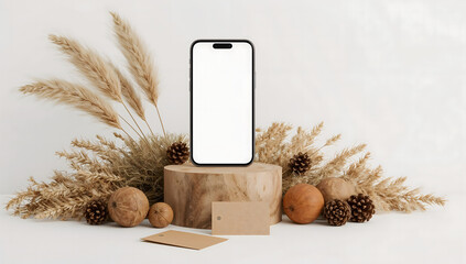 A minimalist composition featuring a smartphone on a wooden podium adorned with dried plants and decor. The sleek phone displays a blank screen, perfect for showcasing an app or website.