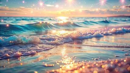 Wall Mural - Serene Sunset Waves Gently Kissing the Sandy Shore, Illuminated by a Magical Golden Glow