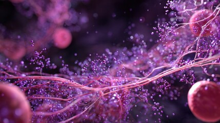 Wall Mural - Scientific image highlighting ketone body synthesis in liver with purple gas particles dispersing through circulatory system.