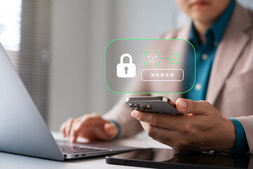 Wall Mural - secure login using facial recognition and password authentication on a smartphone. this image repres