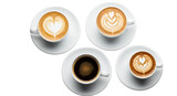Overhead View of Coffee Cups with Latte Art and a cup of Black Coffee on a White Surface
