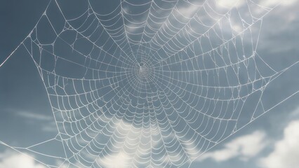 Delicate Spiderweb Against Cloudy Sky: Nature's Architectural Marvel, Serene Atmosphere.