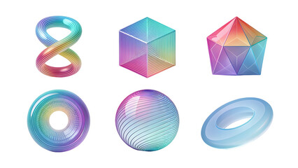 Six Futuristic Gradient Glass Forms Spiral Loop and Geometric Shapes Rainbow Hues on Black Background 3 D Render
