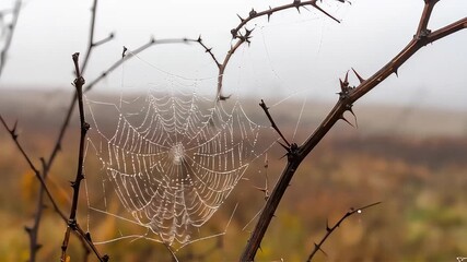 A delicate spiderweb glistening with dew suspended on thorny branches against a foggy backdrop.