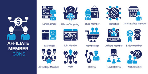 Affiliate Member icon set. Containing partnership, teamwork, staff members, and more. Solid vector icons collection. Vector illustration.