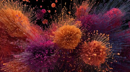 Detailed streaming particles in vivid hues exploding from cellular hubs symbolizing an aggressive biochemical storm spreading systemwide.