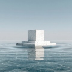 Wall Mural - Minimalist White Stone Podium Emerging from Calm Water Surface