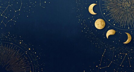 Cosmic night sky with glowing constellations and crescent moon phases on deep blue background