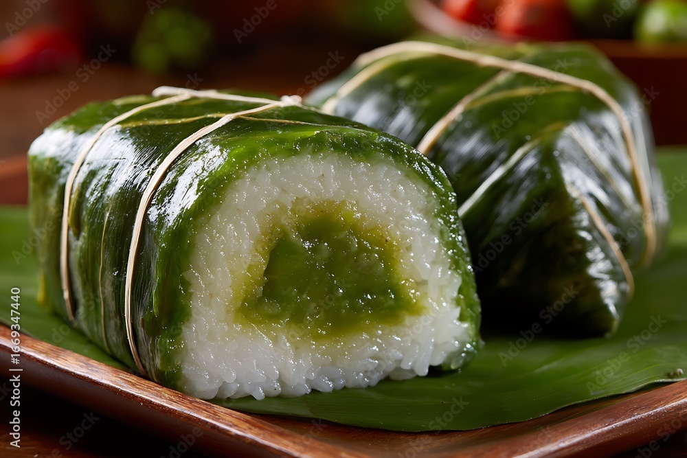 Vietnamese sticky rice cake Banh Tet with mung bean filling, wrapped in ...