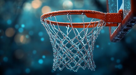 Close up of a wet basketball hoop and net with bokeh background water drops