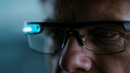 Wall Mural - close medium shot highlighting smart glasses interface delivering realtime transcription for a senio