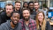 © sirisak - Diverse team of young professionals pose together in modern office, smiling and looking at the camera cheerfully.