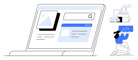Laptop interface with search and content cards, person holding coding frame, factory icon. Ideal for technology, coding, digital tools, efficiency, modern industry, education simple landing page