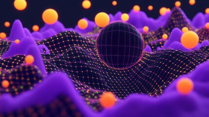 Abstract digital landscape with glowing spheres and grid network concept illustration