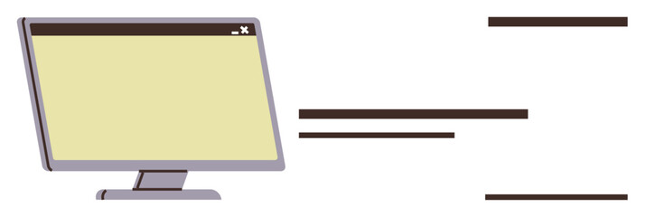 Computer monitor with a blank screen and horizontal lines flowing to the side, suggesting communication, speed, and data transfer. Ideal for technology, communication, internet, computing, workflow